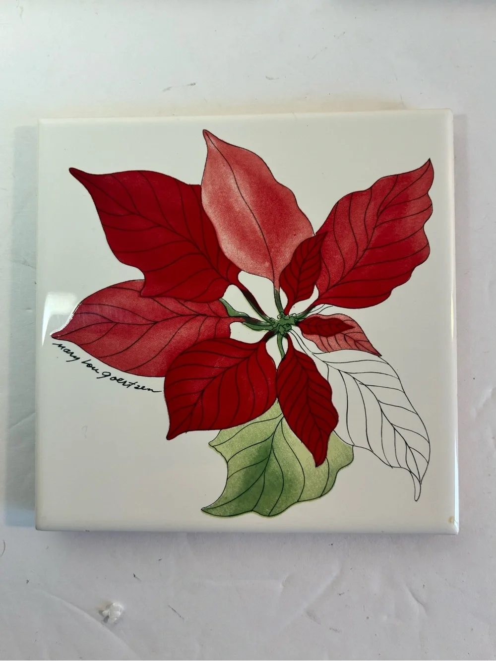 Vintage Mary Lou Goertzen Poinsettia Tile Coasters — Set of 7